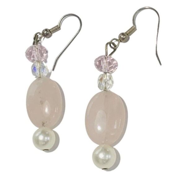 Vintage White Pearl Pink Quartz Crystal Drop Pierced Dangle Silver Tone Earrings - Picture 2 of 5
